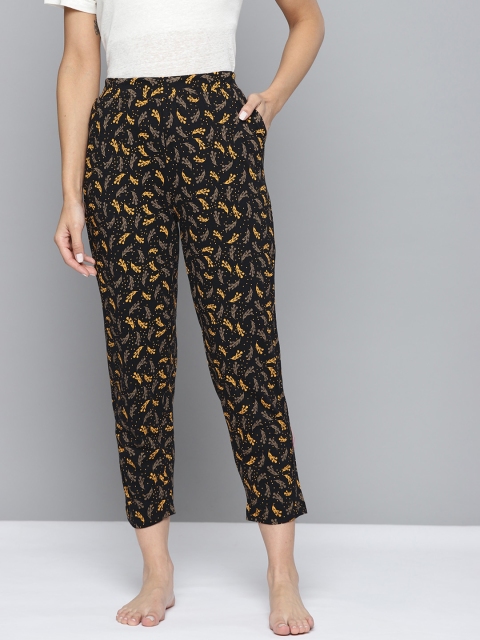 

HERE&NOW Women Black & Mustard Yellow Floral Print Cotton Cropped Lounge Pants