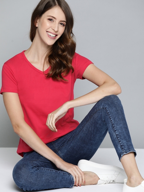 

HERENOW Women Pink Solid Pure Cotton V-Neck Pure Cotton T-shirt