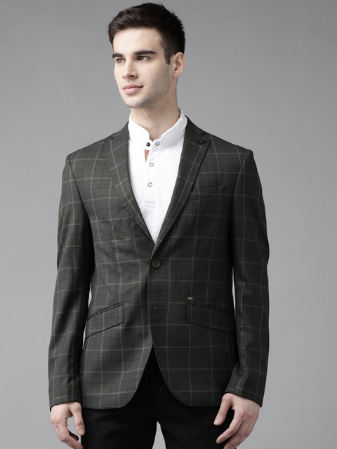 

Blackberrys Men Charcoal Grey Checked Slim Fit Single Breasted Blazer