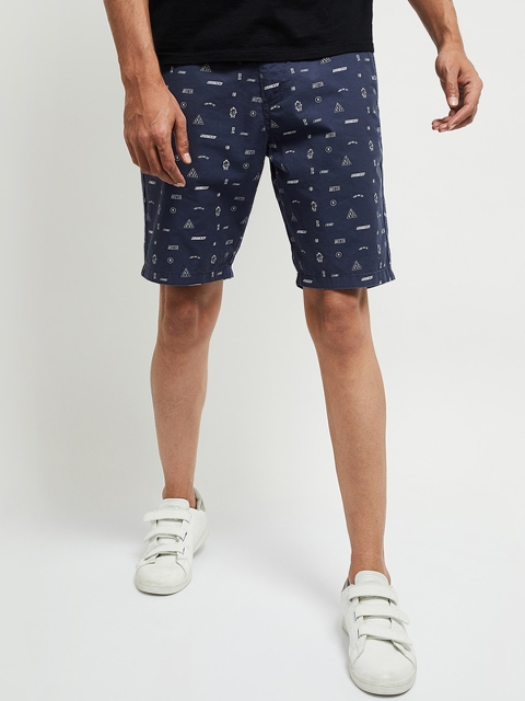 

max Men Navy Blue & White Conversational Printed Mid-Rise Pure Cotton Regular Shorts