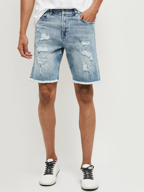 

max Men Blue Washed Mid-Rise Denim Shorts