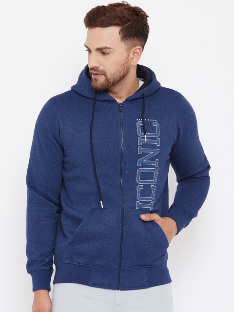 

98 Degree North Men Navy Blue Printed Hooded Front-Open Sweatshirt