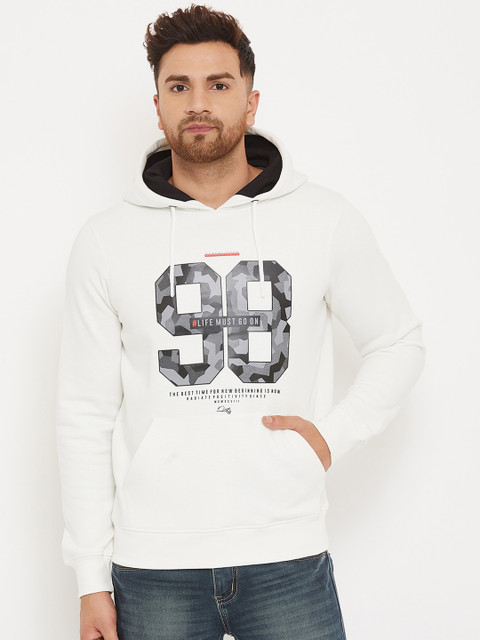 

98 Degree North Men Off White Printed Hooded Sweatshirt
