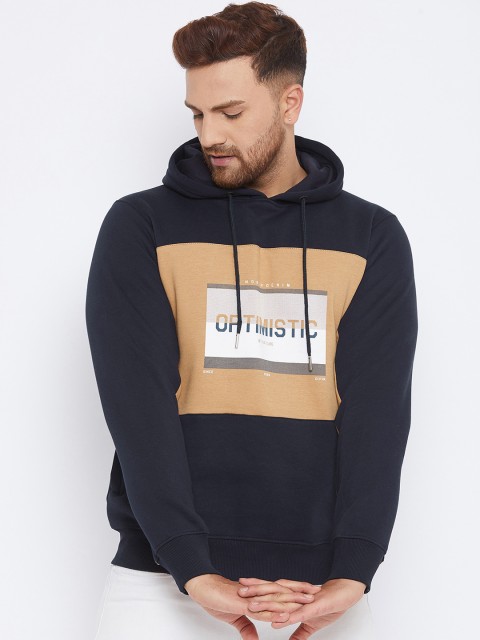 

98 Degree North Men Navy Blue Colourblocked Hooded Sweatshirt