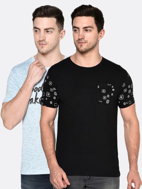 

ELEGANCE Men Pack of 2 Black & Turquoise Blue Printed T-shirt