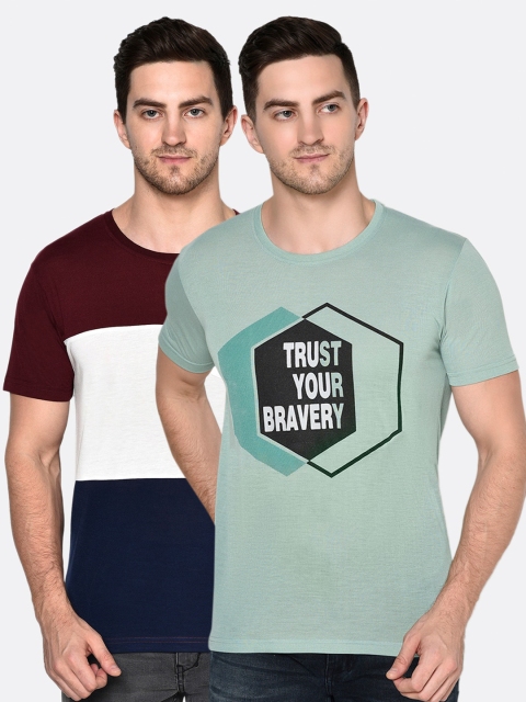

ELEGANCE Men Pack Of 2 Green & Maroon Colourblocked & Printed T-shirts