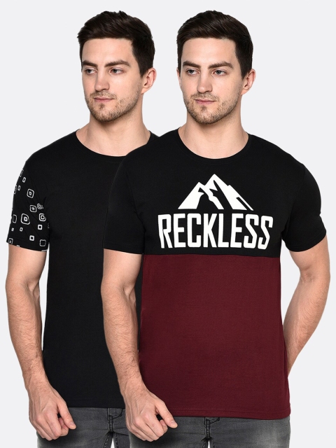 

ELEGANCE Men Maroon & Black Pack Of 2 Printed T-shirt