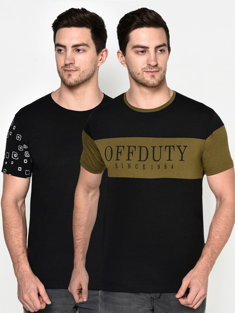 

ELEGANCE Men Black & Olive Green Typography 2 Printed T-shirt