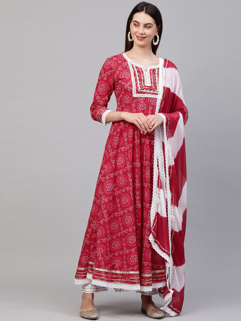 

FASHOR Women Pink Striped Regular Pure Cotton Kurti with Trousers & With Dupatta