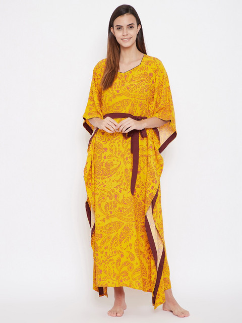 

The Kaftan Company Women Yellow Printed Maxi Nightdress