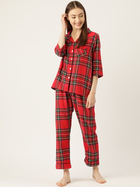 

Sweet Dreams Women Red & Green Checked Pure Cotton Night suit