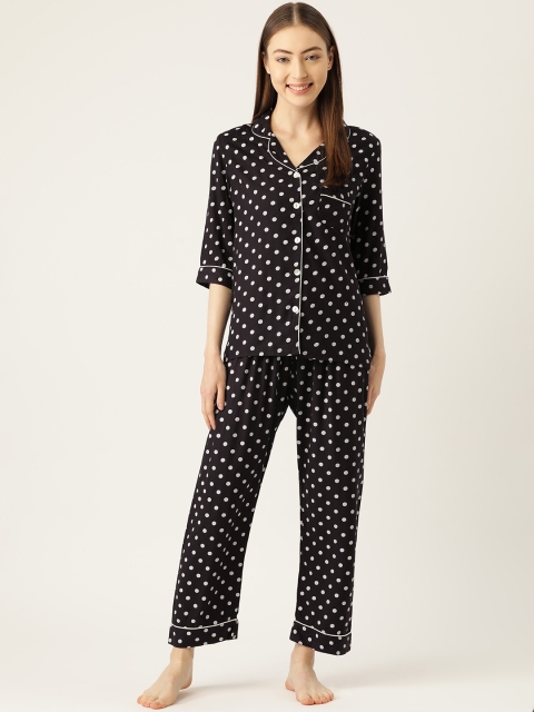 

Sweet Dreams Women Navy Blue & White Polka Dots Printed Night suit