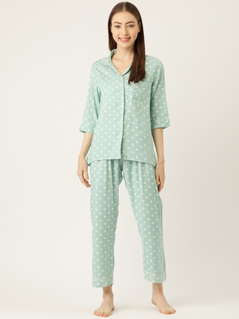 

Sweet Dreams Women Green & White Polka Dot Printed Pyjama Set