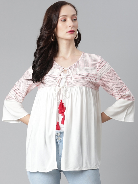 

Purple State Women White & Red Striped Embroidered Tie-Up Shrug