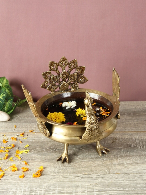 

Aapno Rajasthan Brown & Gold-Toned Peacock Brass Decorative Urli