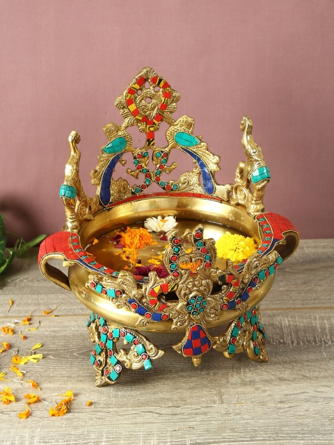 

Aapno Rajasthan Gold-Toned & Blue Stonework Urli Showpiece