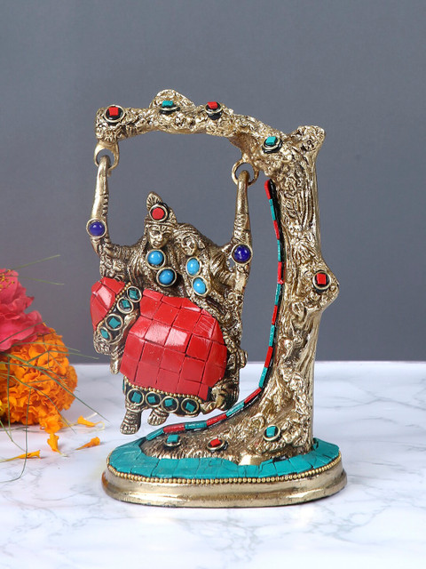 

Aapno Rajasthan Gold-Toned & Sea-Green Radha Krishna On Swing Brass Handcrafted Showpiece