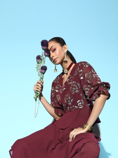 

Juniper Deep Burgundy and Gold Embellished Top with Sleek Palazzos With Layer Detailing