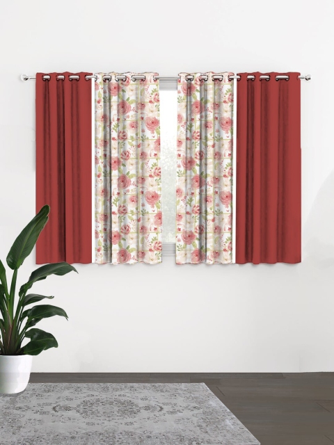 

HOUZZCODE Maroon & White Set of 4 Floral Black Out Window Curtain