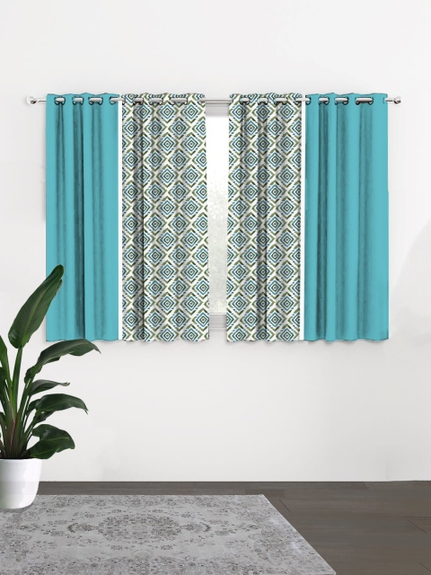 

HOUZZCODE Turquoise Blue & White Set of 4 Geometric Black Out Window Curtain