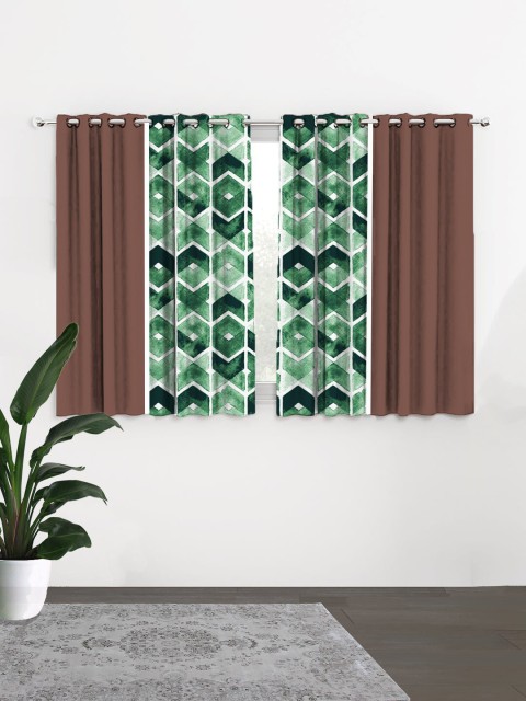 

HOUZZCODE Green & Brown Set of 4 Geometric Black Out Window Curtain