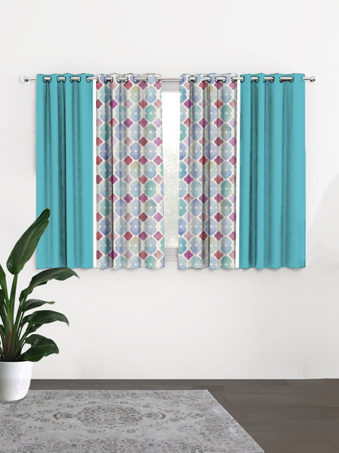 

HOUZZCODE Turquoise Blue & White Set of 4 Geometric Black Out Window Curtain