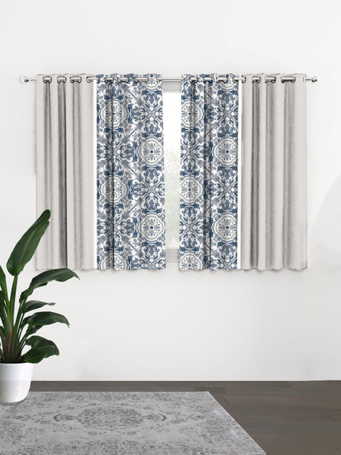 

HOUZZCODE Blue & Off White Set of 4 Ethnic Motifs Black Out Window Curtain