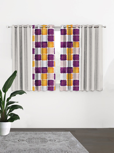 

HOUZZCODE Silver-Toned & Purple Set of 4 Geometric Black Out Window Curtain