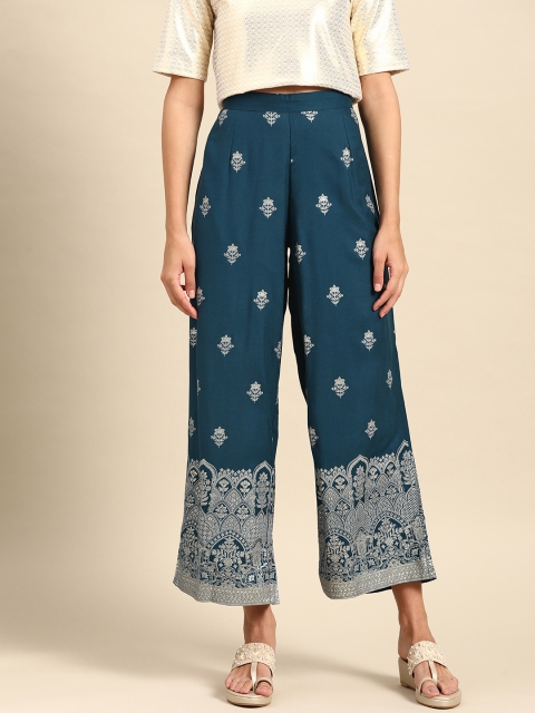 

Anouk Women Teal Blue & Grey Ethnic Motifs Foil Printed Cropped Palazzos
