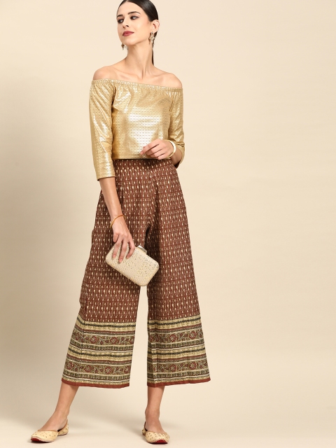 

Anouk Women Maroon & Gold Ethnic Motifs Foil Print Cotton Linen Cropped Palazzos