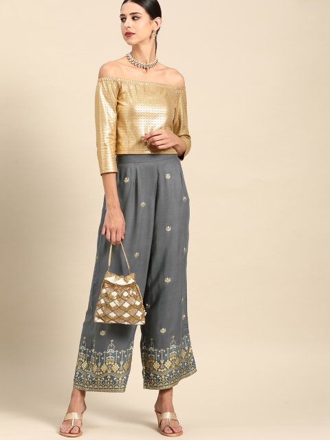 

Anouk Women Grey & Gold Ethnic Motifs Foil Printed Cropped Palazzos