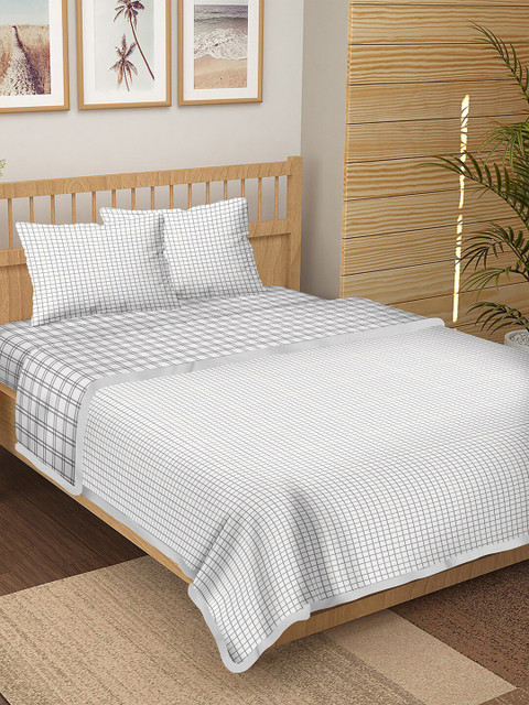 

BELLA CASA White & Brown Checked Double King Cotton 4-Piece Bedding Set