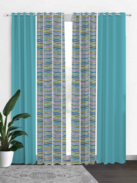 

HOUZZCODE Turquoise Blue & Purple Set of 4 Geometric Black Out Door Curtain
