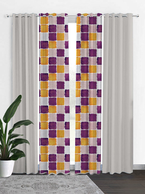 

HOUZZCODE Grey & Purple Set of 4 Geometric Black Out Door Curtain