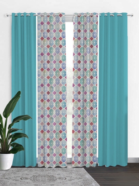 

HOUZZCODE Turquoise Blue & White Set of 4 Black Out Door Curtain