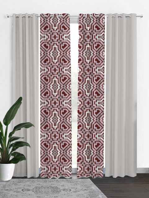 

HOUZZCODE Off White & Maroon Set of 4 Geometric Black Out Door Curtain