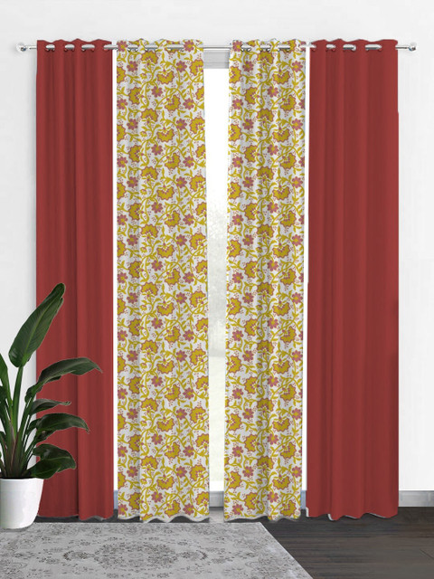

HOUZZCODE Red & Yellow Set of 4 Floral Black Out Door Curtain
