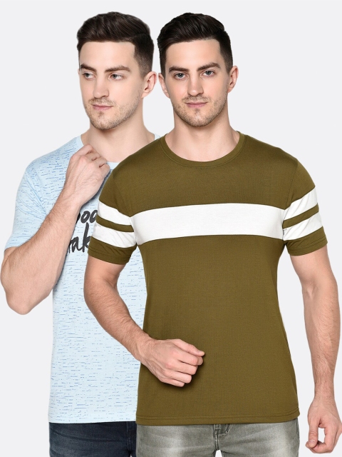 

ELEGANCE Pack Of 2 Men Blue & Olive Green Typography T-shirt