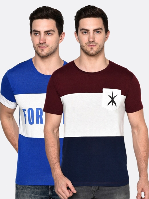 

ELEGANCE Maroon & Blue Pack Of 2 Colourblocked Printed T-shirt