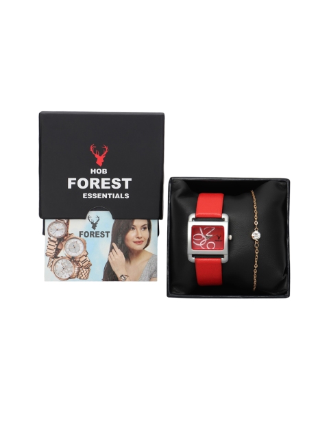

Hobforestessentials Women Red Watch & Jewellery Gift Set