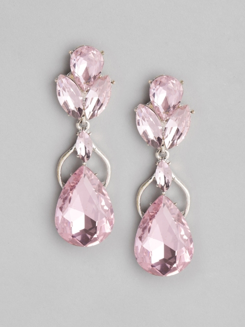 

Carlton London Silver-Toned & Pink Rhodium-Plated Studded Teardrop Shaped Drop Earrings