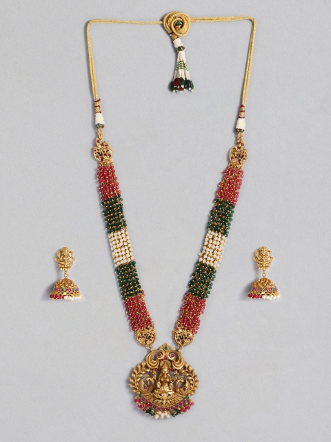 

Peora Red & Green Matte Gold-Plated Pearl Studded Temple Jewellery Set