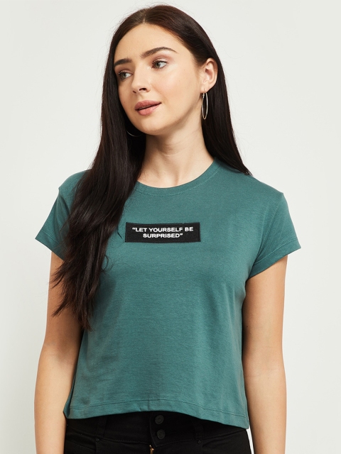 

max Women Green Cotton Typography Printed Short Sleeves T-shirt