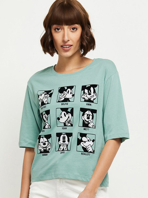 

max Women Green & Black Mickey Mouse Printed T-shirt