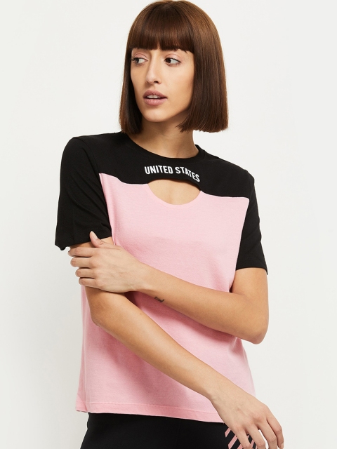 

max Women Pink Typography Colourblocked T-shirt
