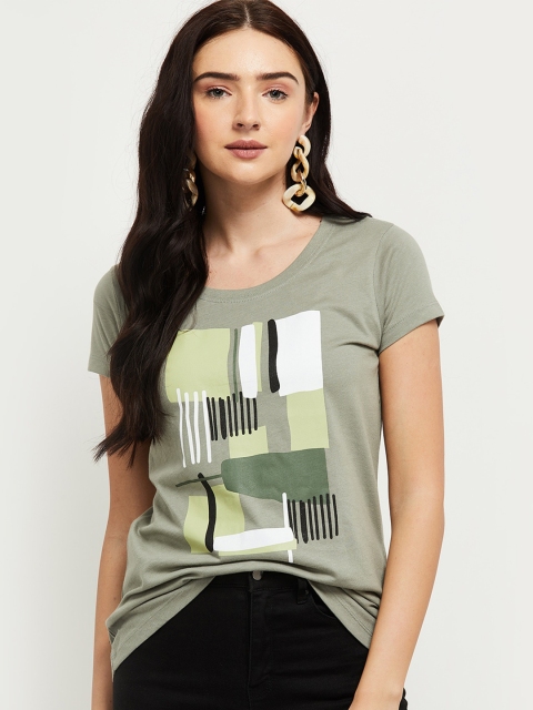 

max Women Green & White Abstarct Printed T-shirt