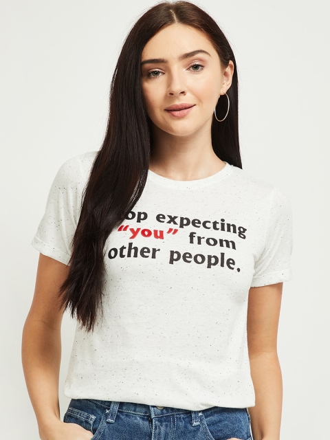 

max Women Off-White Cotton Typography Printed T-shirt
