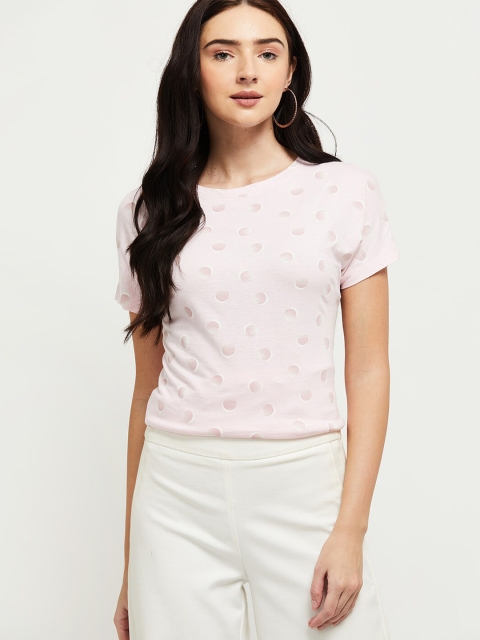 

max Women Pink Printed Extended Sleeves T-shirt