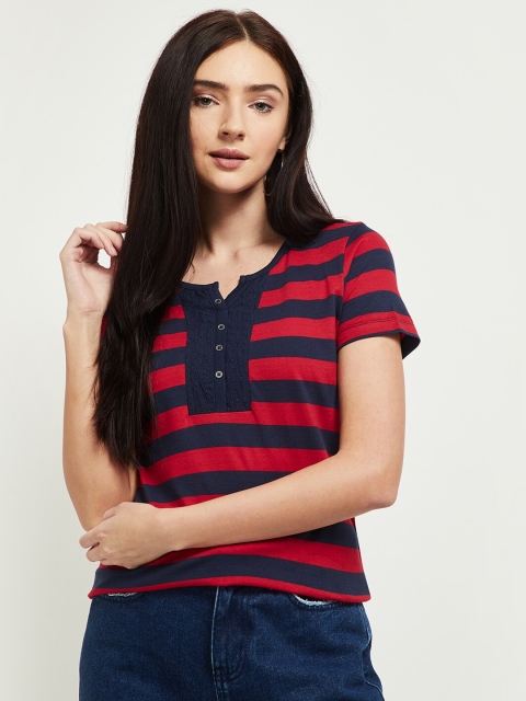 

max Women Navy Blue & Red Striped T-shirt