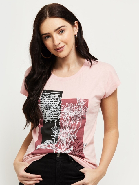 

max Women Pink Cotton Graphic Printed T-shirt
